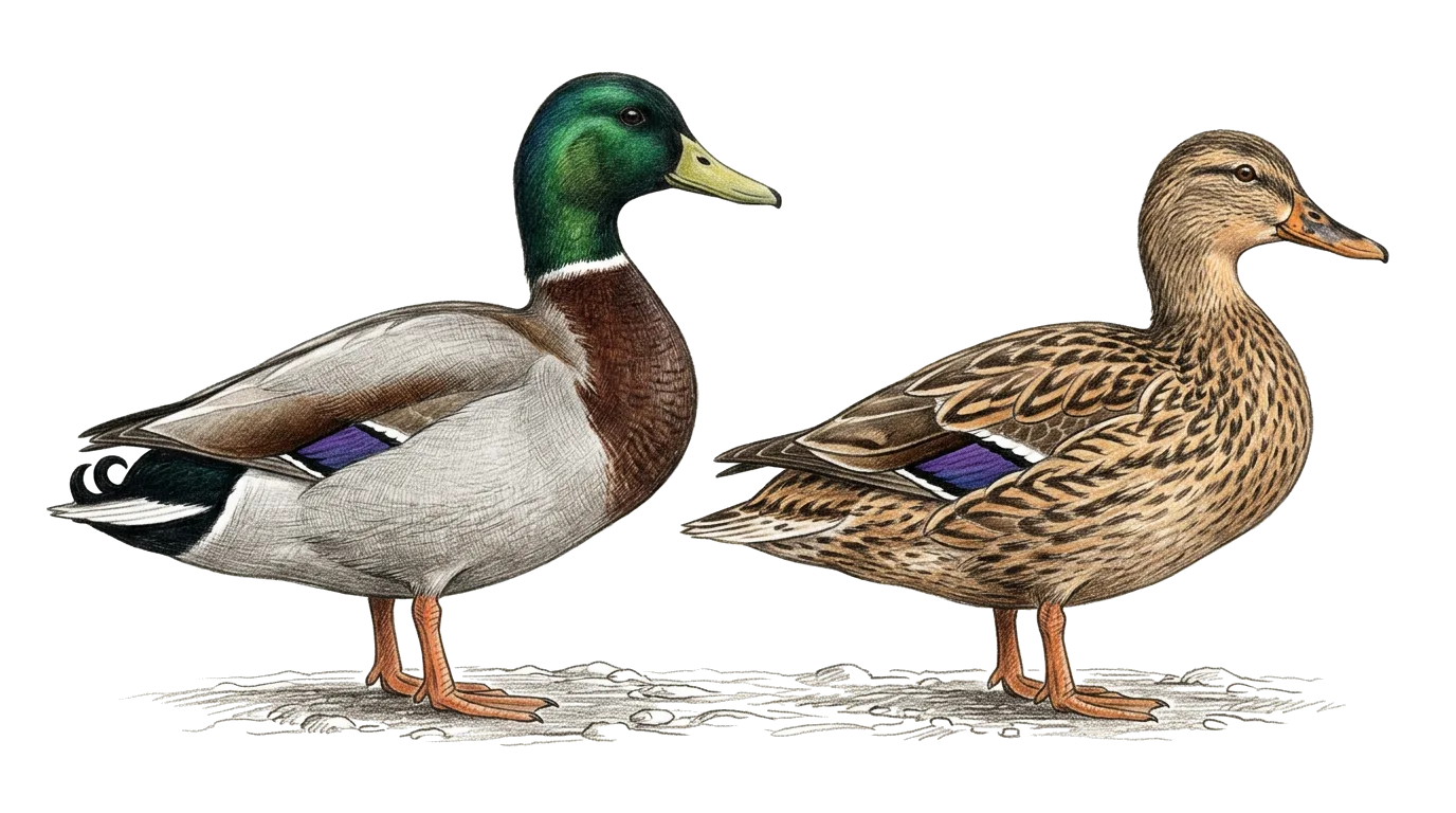 Gräsand, hane och hona, illustration ur boken