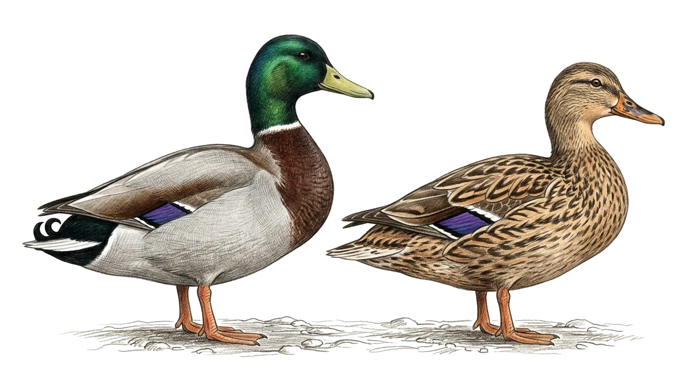 Gräsand, hane och hona, illustration ur boken