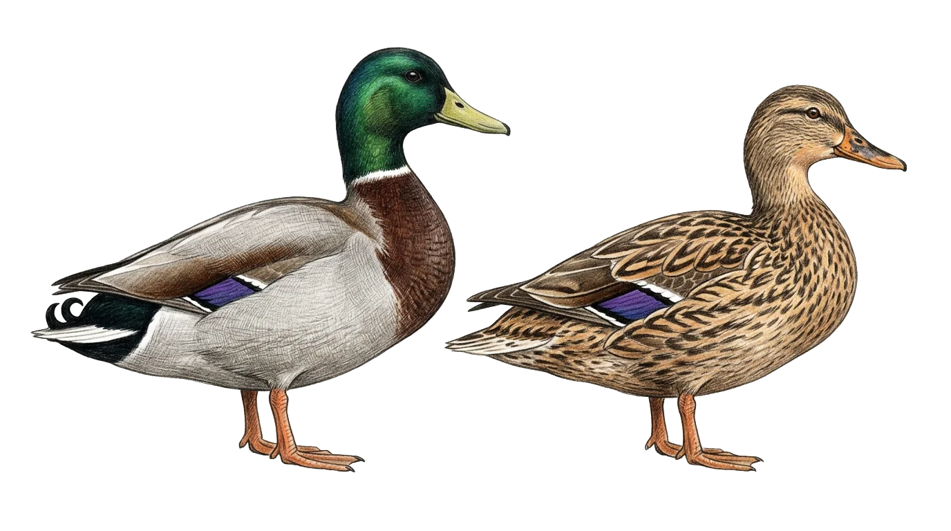 Gräsand, hane och hona, illustration ur boken